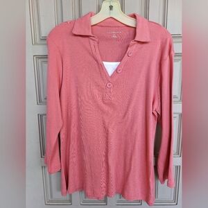 Croft&Barrow Henley SzL Peach Collar White Dickie Long Sleeves 100%Cotton